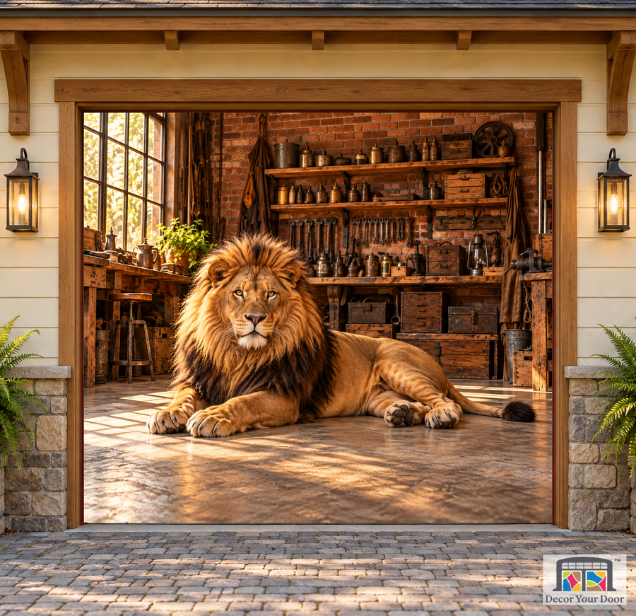 Majestic Lion Workshop garage door cover — one-car Front exterior house