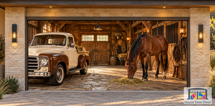 Rustic Horse Garage garage door cover — two-car Front exterior house