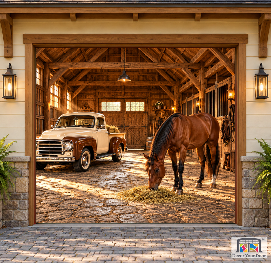 Rustic Horse Garage garage door cover — one-car Front exterior house
