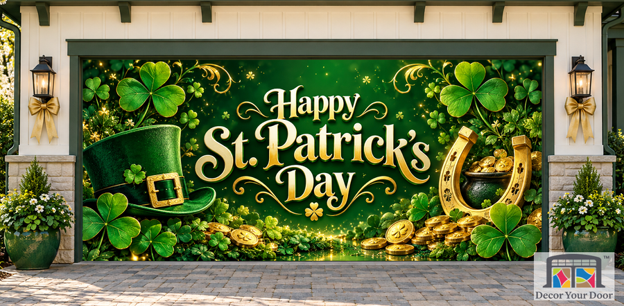 Happy Shamrock Celebration garage door cover — two-car Front exterior house