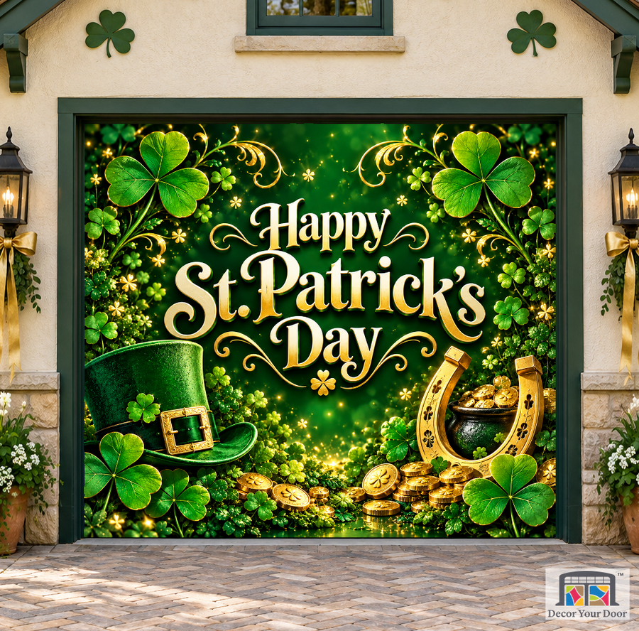 Happy Shamrock Celebration garage door cover — one-car Front exterior house
