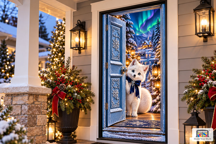 Arctic Fox Northern Lights Front Door Cover on the approved Christmas porch, angled view with complete illustrated door.