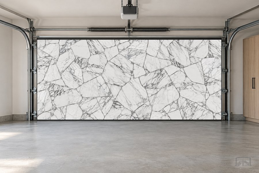 Arctic Mosaic Marble interior garage door cover — two-car front view
