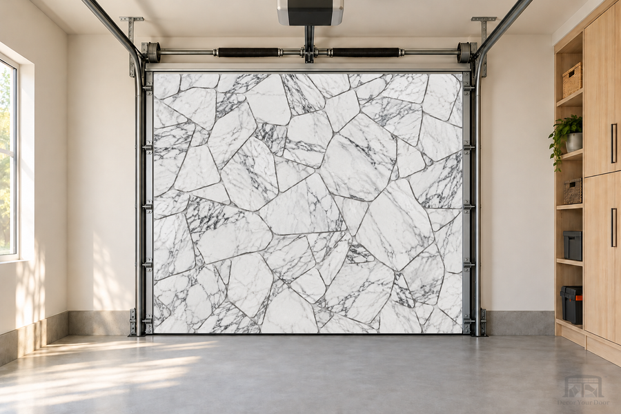 Arctic Mosaic Marble interior garage door cover — one-car front view