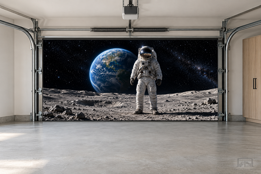 Astronaut Encounter – Space interior garage door cover — two-car front view