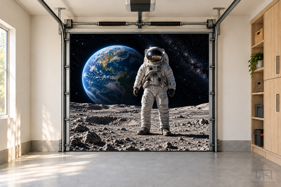 Astronaut Encounter – Space interior garage door cover — one-car front view