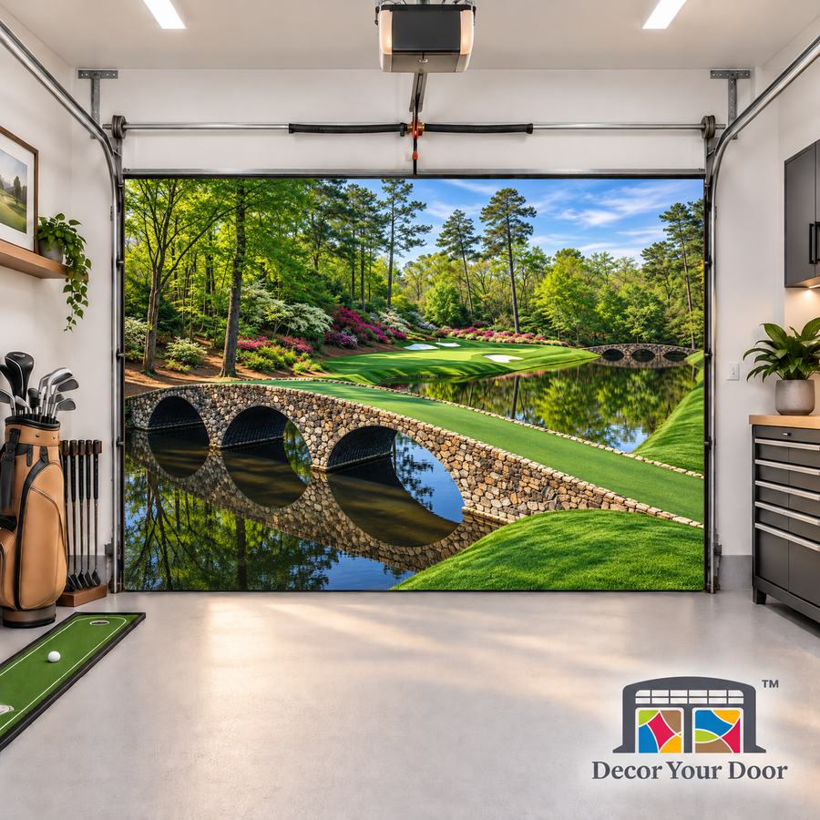 Augusta Serenity Bridge interior garage door cover in a one-car golf-themed garage, front view
