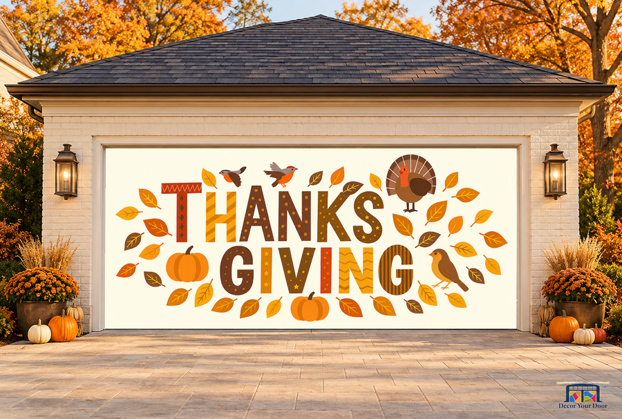 Autumn Blessings Thanksgiving Garage Door Cover — two-car front view on a fall house