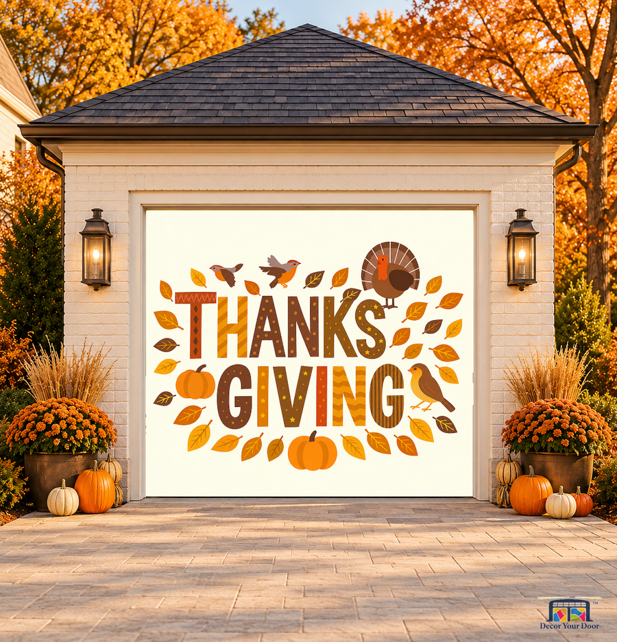 Autumn Blessings Thanksgiving Garage Door Cover — one-car front view on a fall house