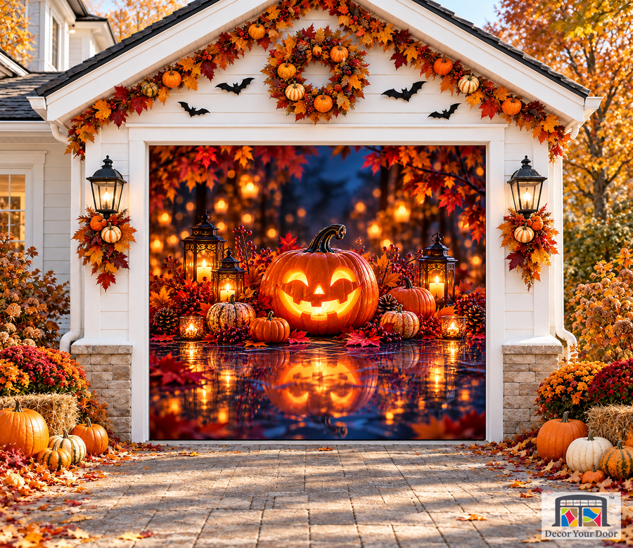 Autumn Pumpkin Glow Halloween garage door cover – One Car front view