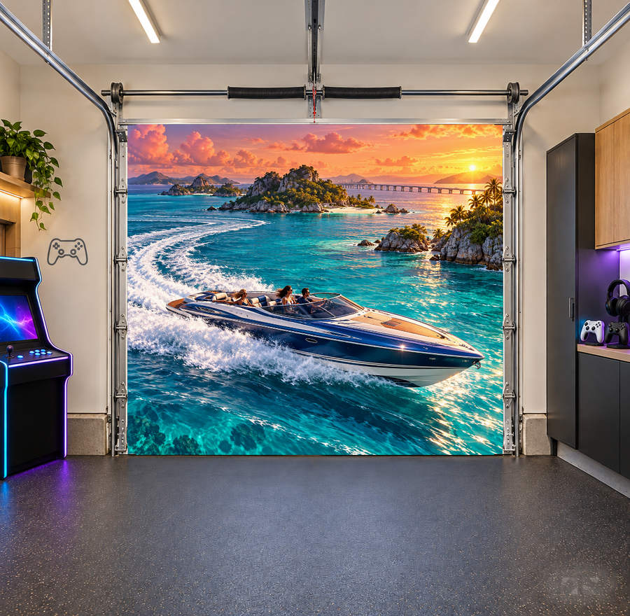 Azure Island Run interior garage door cover — one car front