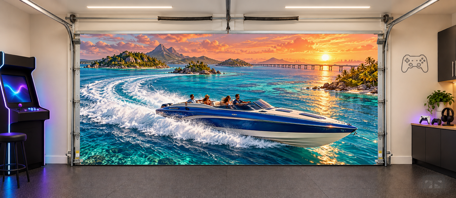 Azure Island Run interior garage door cover — two car front
