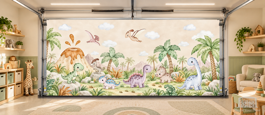 Baby Dino Land interior garage door cover — TwoCar-front in a nursery garage playroom