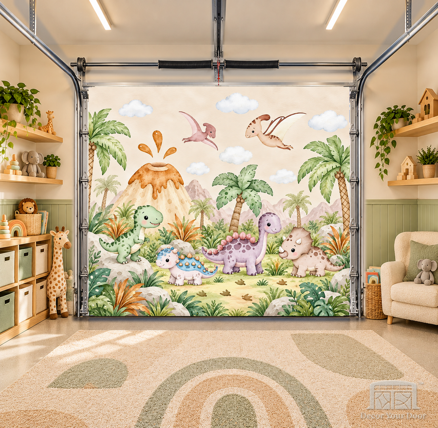 Baby Dino Land interior garage door cover — OneCar-front in a nursery garage playroom