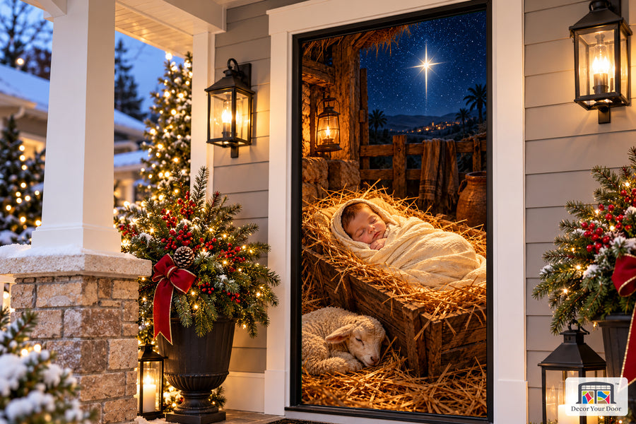 Baby Jesus Christmas Peace Front Door Cover on the approved Christmas porch, angled view.