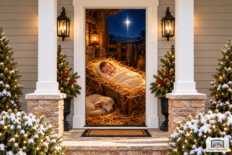 Baby Jesus Christmas Peace Front Door Cover on a snowy Christmas porch, front view.