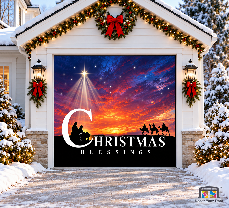 Baby Jesus Nativity Christmas Garage Door Cover — one-car garage front view
