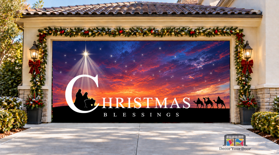 Baby Jesus Nativity Christmas Garage Door Cover — two-car garage front view