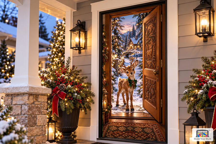 Baby Reindeer Woodland Welcome Front Door Cover on the approved Christmas porch, angled view with complete illustrated door.