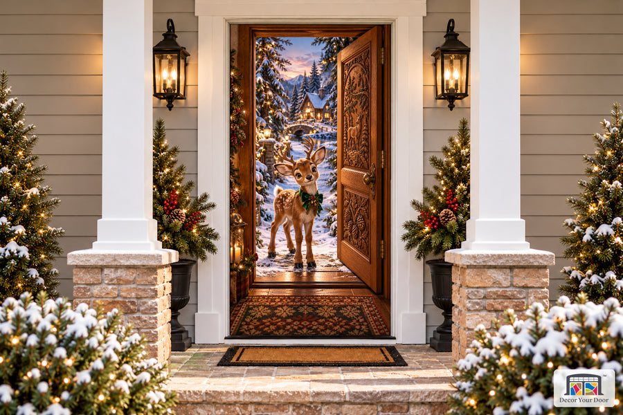 Baby Reindeer Woodland Welcome Front Door Cover printed 3D door illusion on a snowy Christmas porch, front view.