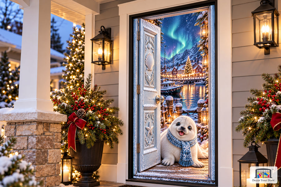 Baby Seal Christmas Harbor Front Door Cover on the approved Christmas porch, angled view with complete illustrated door.