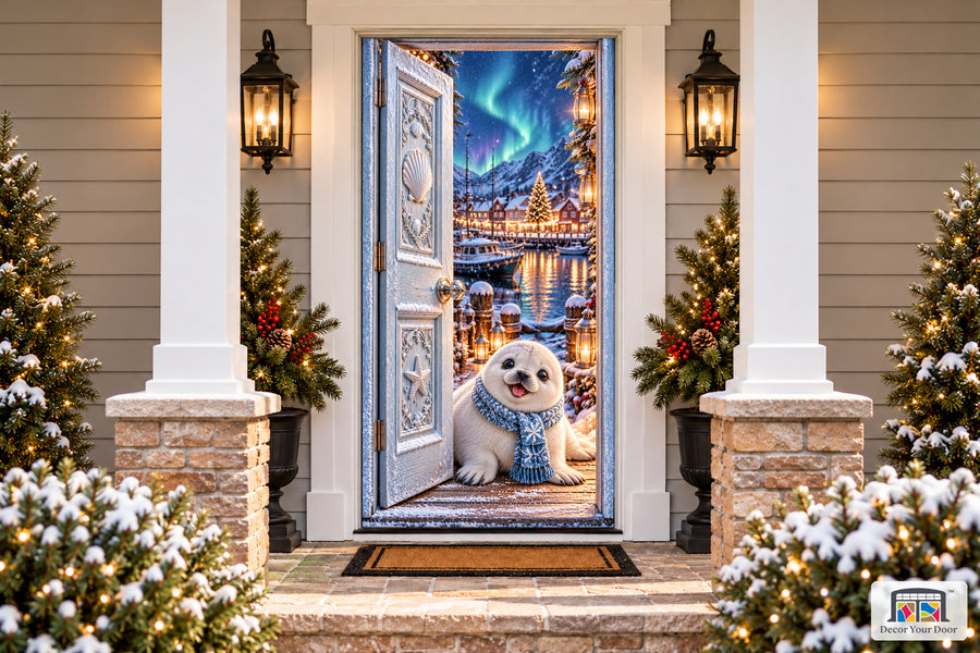 Baby Seal Christmas Harbor Front Door Cover printed 3D door illusion on a snowy Christmas porch, front view.