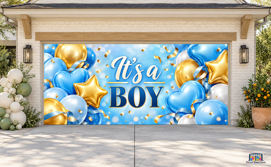 Blue and Gold Baby Boy baby shower garage door cover — two-car front exterior view