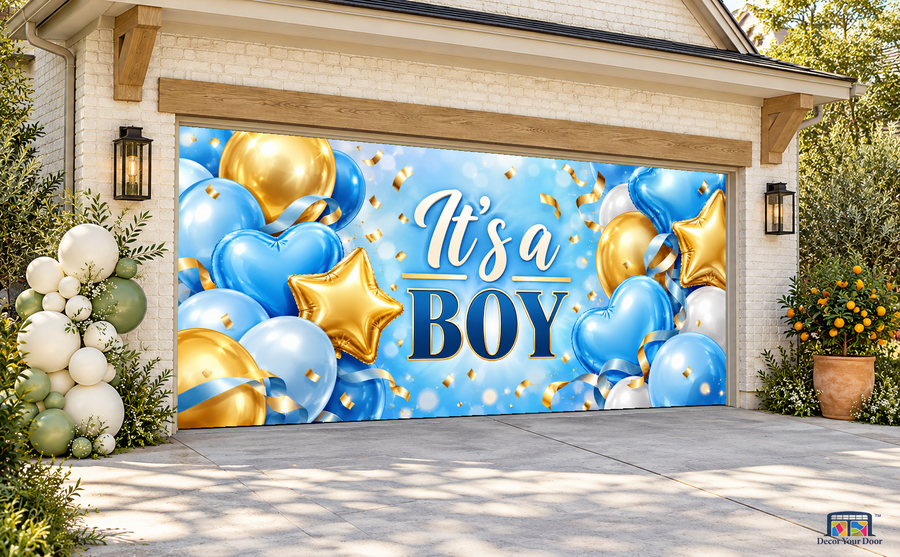 Blue and Gold Baby Boy baby shower garage door cover — TwoCar Angle