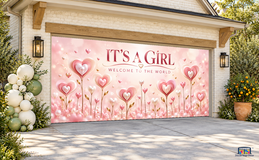 Blush Hearts Baby Girl baby shower garage door cover — TwoCar Angle