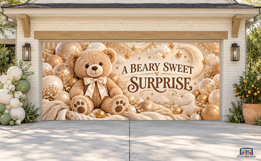 Beary Sweet Surprise baby shower garage door cover — TwoCar Front