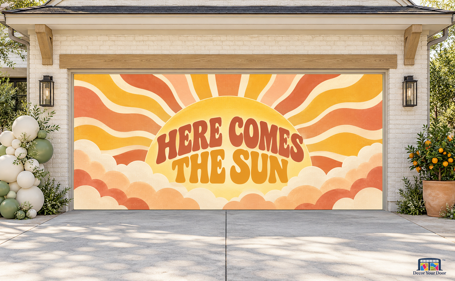 Here Comes The Sun baby shower garage door cover — TwoCar Front