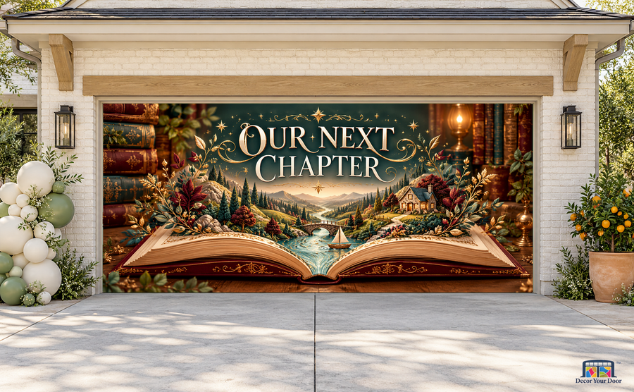 Our Next Chapter baby shower garage door cover — TwoCar Front