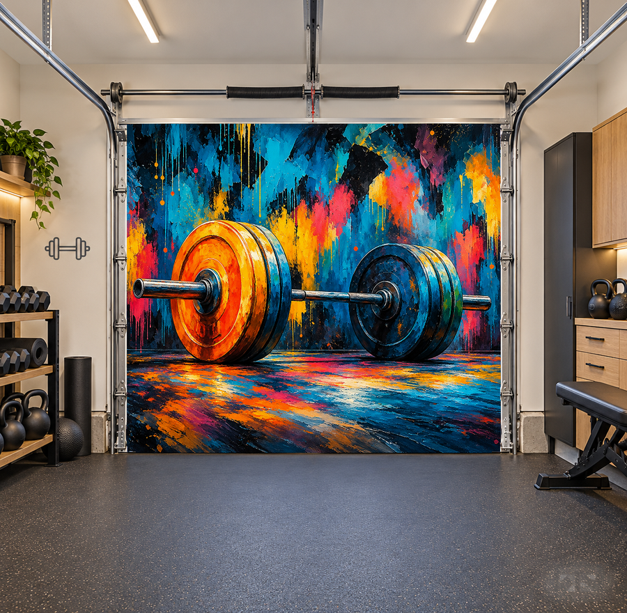 Barbell Explosion interior garage door cover — one car front