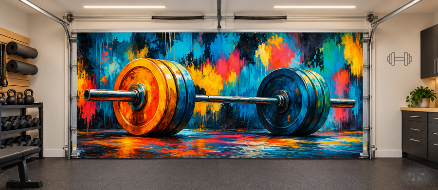 Barbell Explosion interior garage door cover — two car front