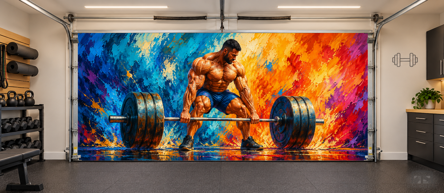 Beast Mode Deadlift interior garage door cover — two car front