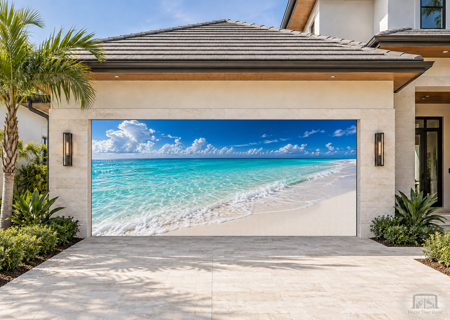 Beautiful White Sand Beach Garage Door Cover — two-car garage front view