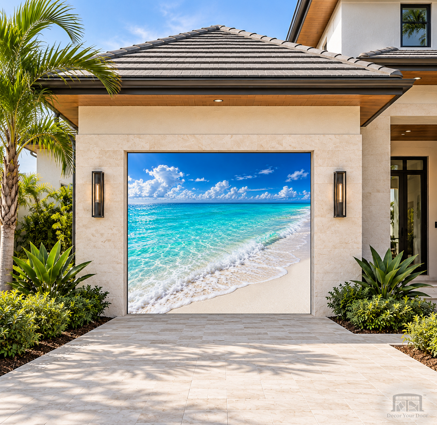 Beautiful White Sand Beach Garage Door Cover — one-car garage front view