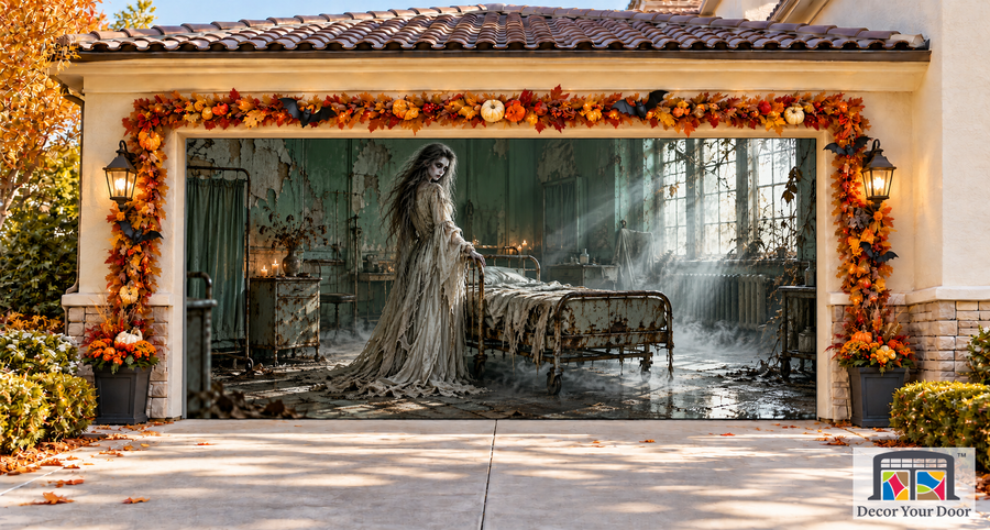Bedside Apparition Halloween garage door cover – Two Car front view