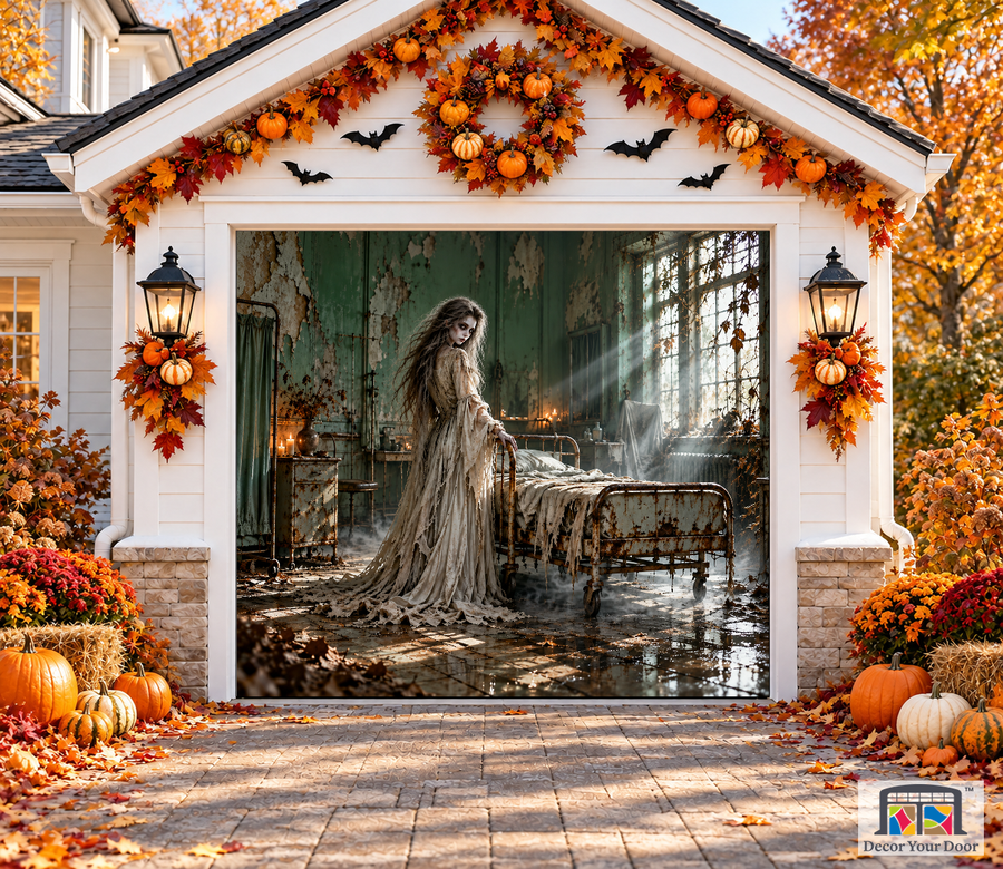 Bedside Apparition Halloween garage door cover – One Car front view