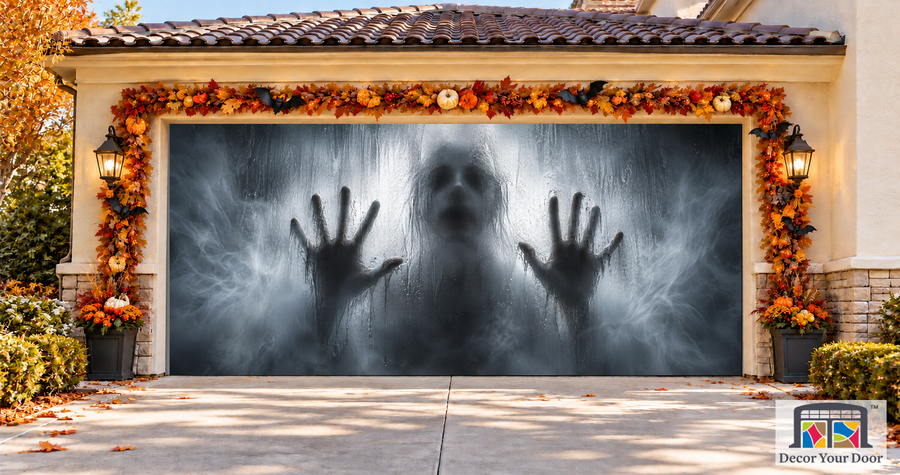 Behind the Frosted Glass Halloween garage door cover – Two Car front view