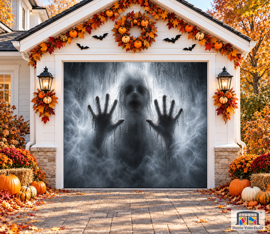 Behind the Frosted Glass Halloween garage door cover – One Car front view