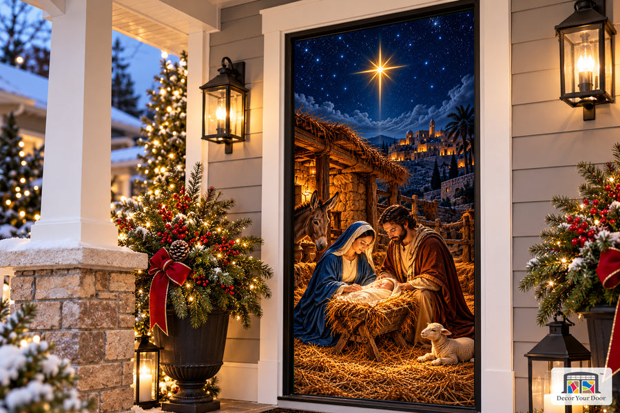 Bethlehem Christmas Front Door Cover on the approved Christmas porch, angled view.