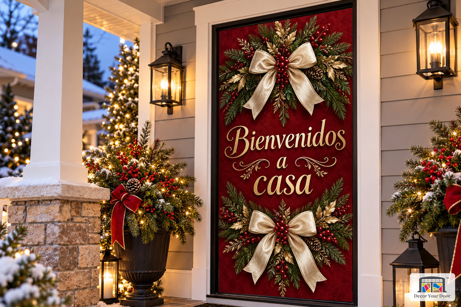 Bienvenidos a Casa Front Door Cover on the approved Christmas porch, angled view.