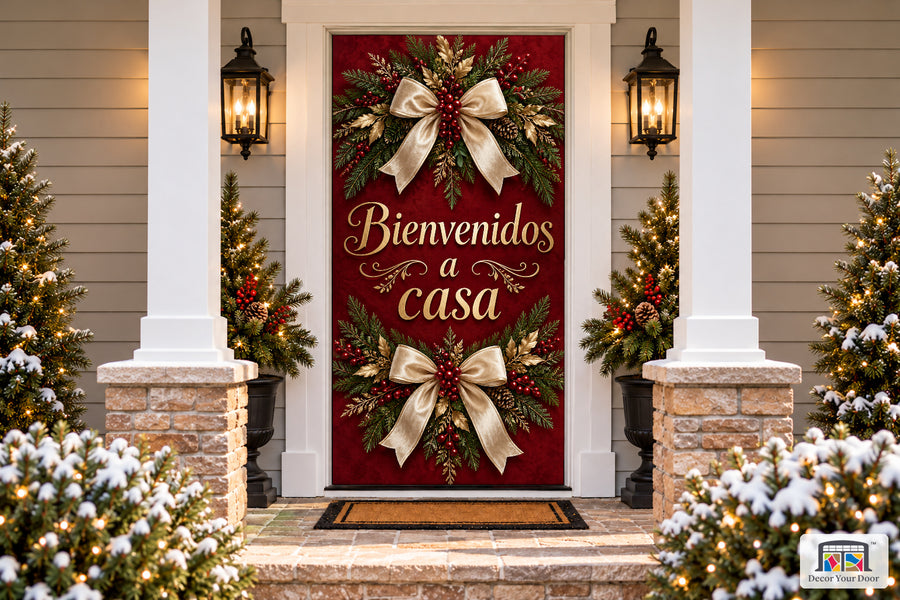 Bienvenidos a Casa Front Door Cover on a snowy Christmas porch, front view.