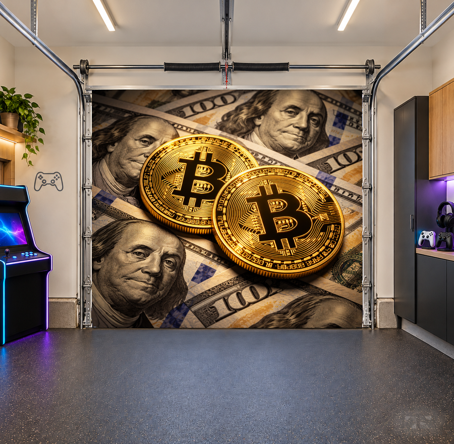 Bitcoin & 100 Dollar Bill Fusion interior garage door cover — one car front