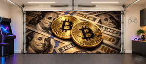 Fusión de Bitcoin y billete de 100 dólares – Cubierta para puerta de garaje para sala de juegos