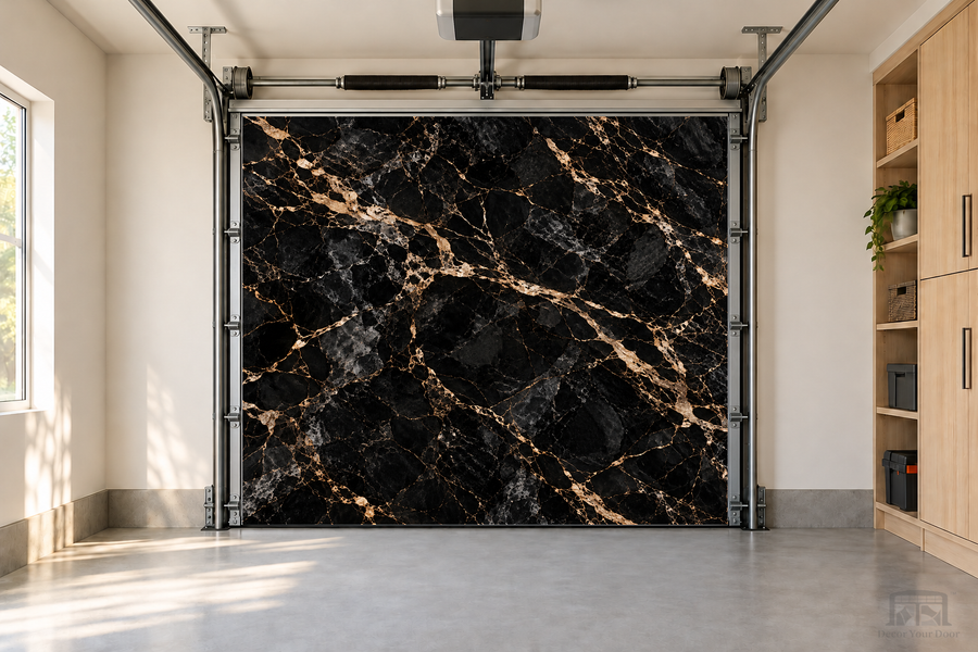 Black Gold Luxe Marble interior garage door cover — one-car front view