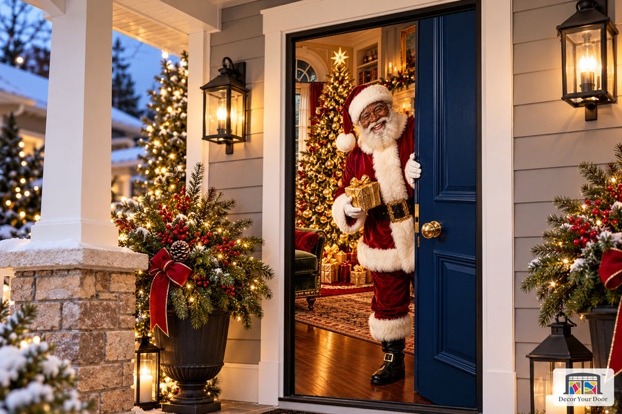 Black Santa's Golden Welcome Front Door Cover on the approved Christmas porch, angled view.