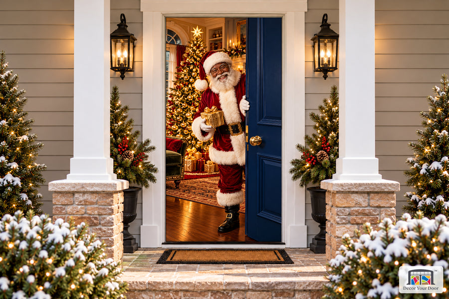 Black Santa's Golden Welcome Front Door Cover on a snowy Christmas porch, front view.