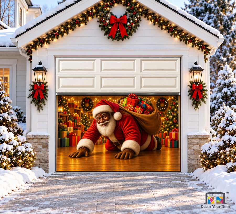 Black Santa Christmas Surprise Garage Door Cover - one-car garage front house view